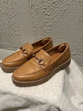 Tan Leather Chain-Accent Loafers